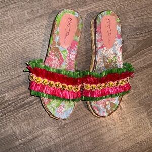 Betsey Johnson Multicolor Fringe Sandals with Gold Gems